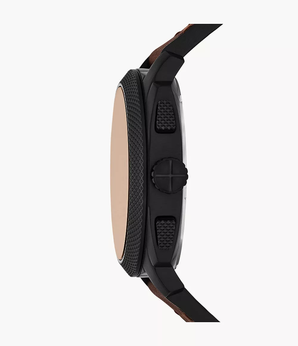 Fossil Machine Chronograph side profile showing textured black case and brown leather strap