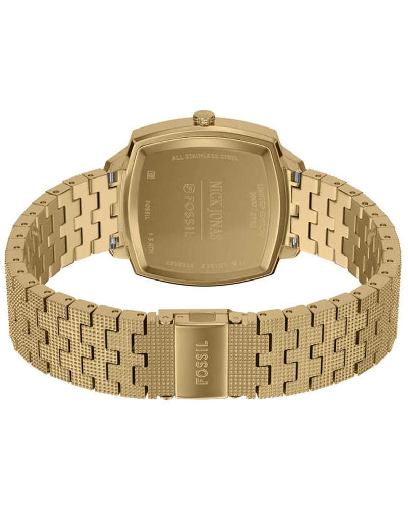 Caseback view showing gold-tone stainless steel case and mesh bracelet attachment