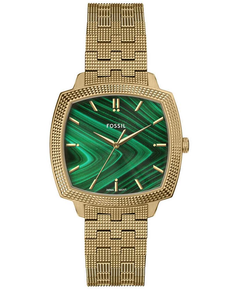 Gold-tone stainless steel watch with square case and green malachite dial with chevron pattern