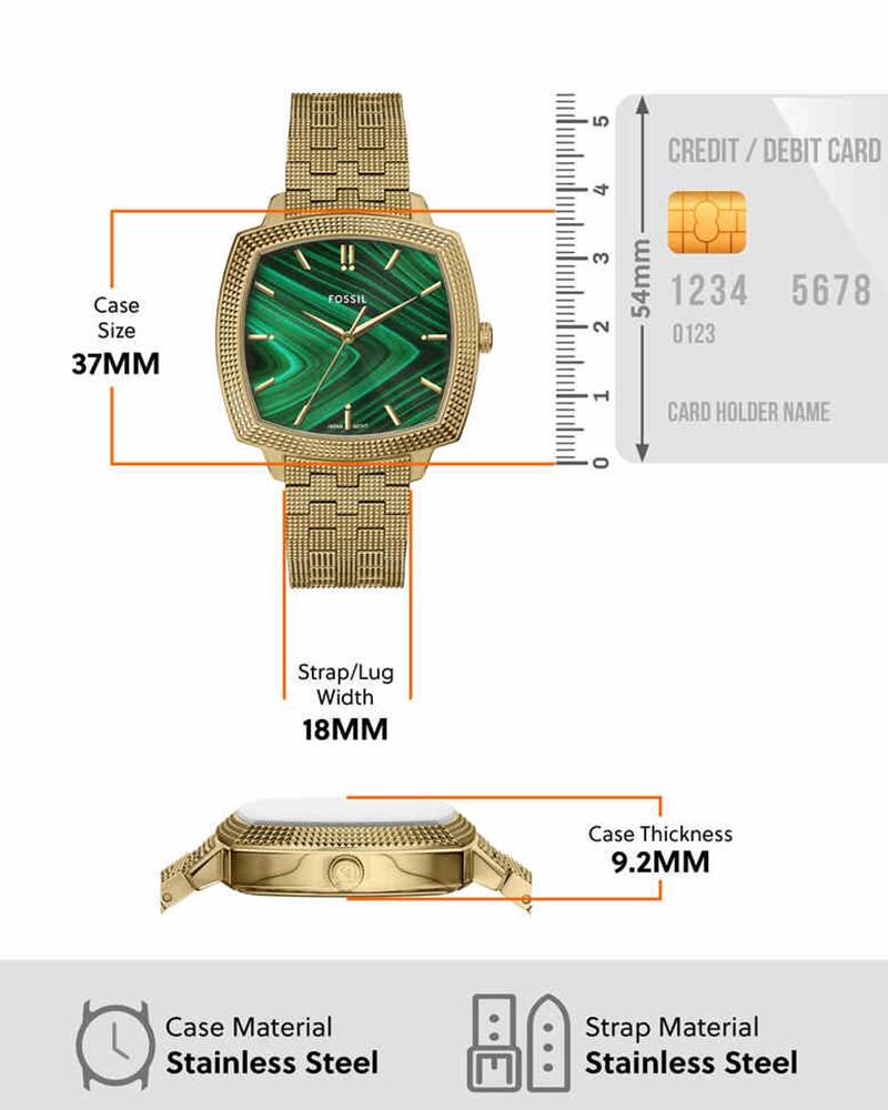 Watch specifications showing 37mm case size, 18mm strap width, 9.2mm thickness, stainless steel materials