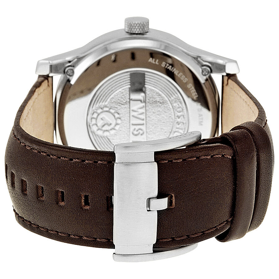 Caseback view of Fossil ME1098 with engraved dial and brown leather strap visible