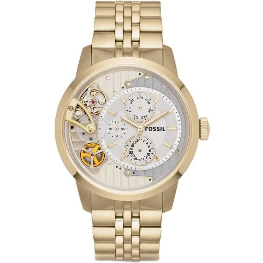 Fossil ME1137 gold tone multi-function men's watch with exposed dial and visible gears