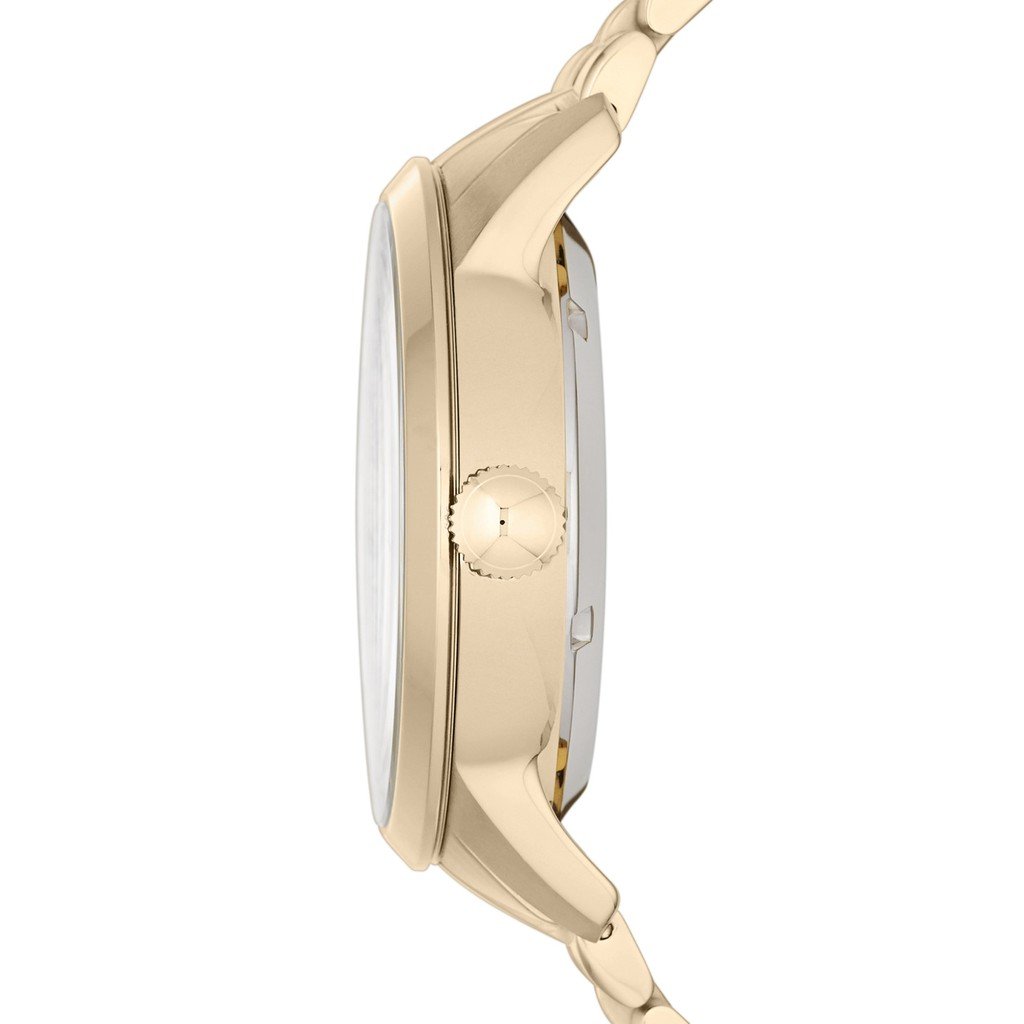 Fossil ME1137 side profile showing thin case design and gold tone metal band