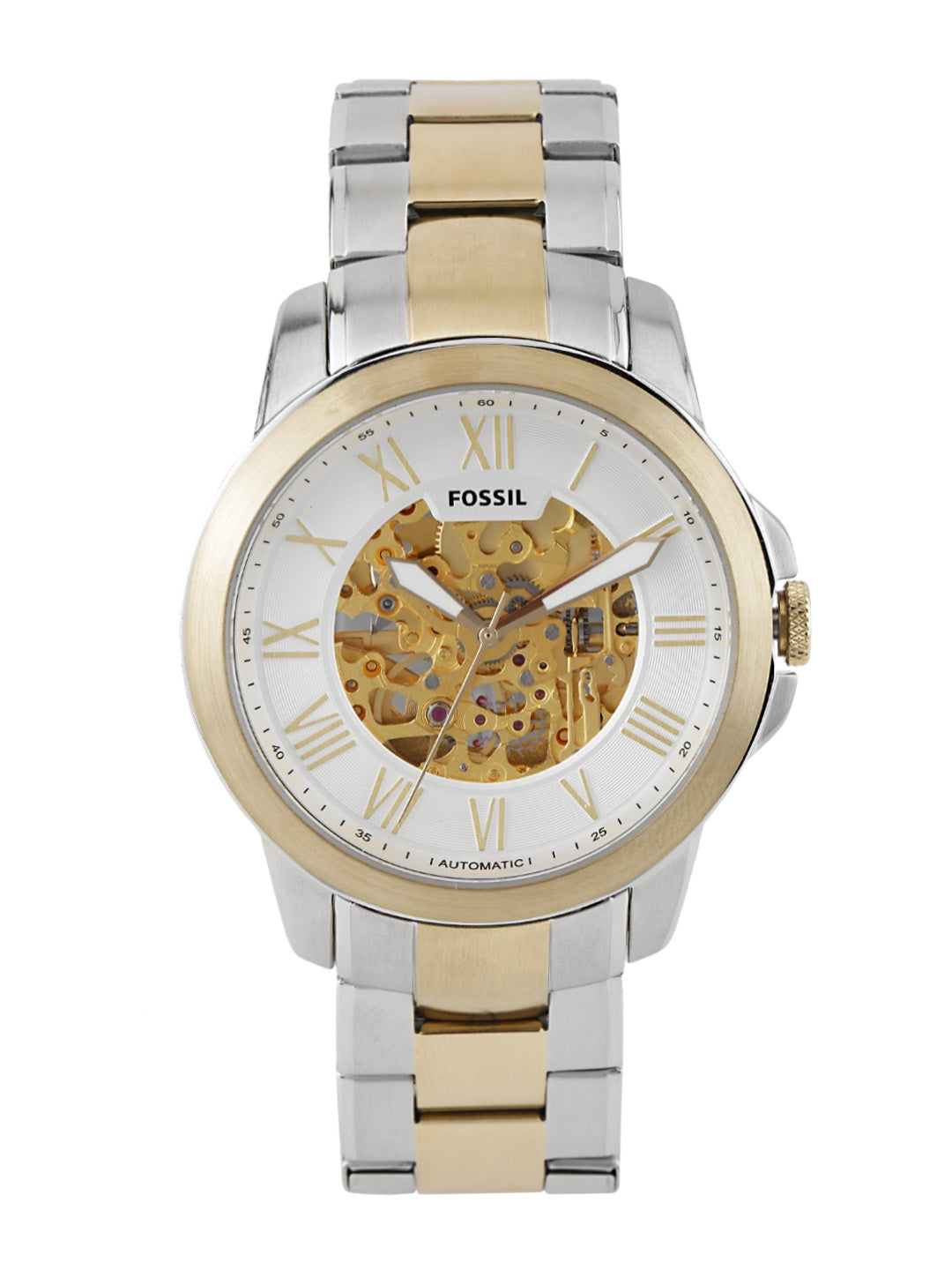 Fossil ME3112 men's watch with two-tone stainless steel bracelet, white skeleton dial, and Roman numerals