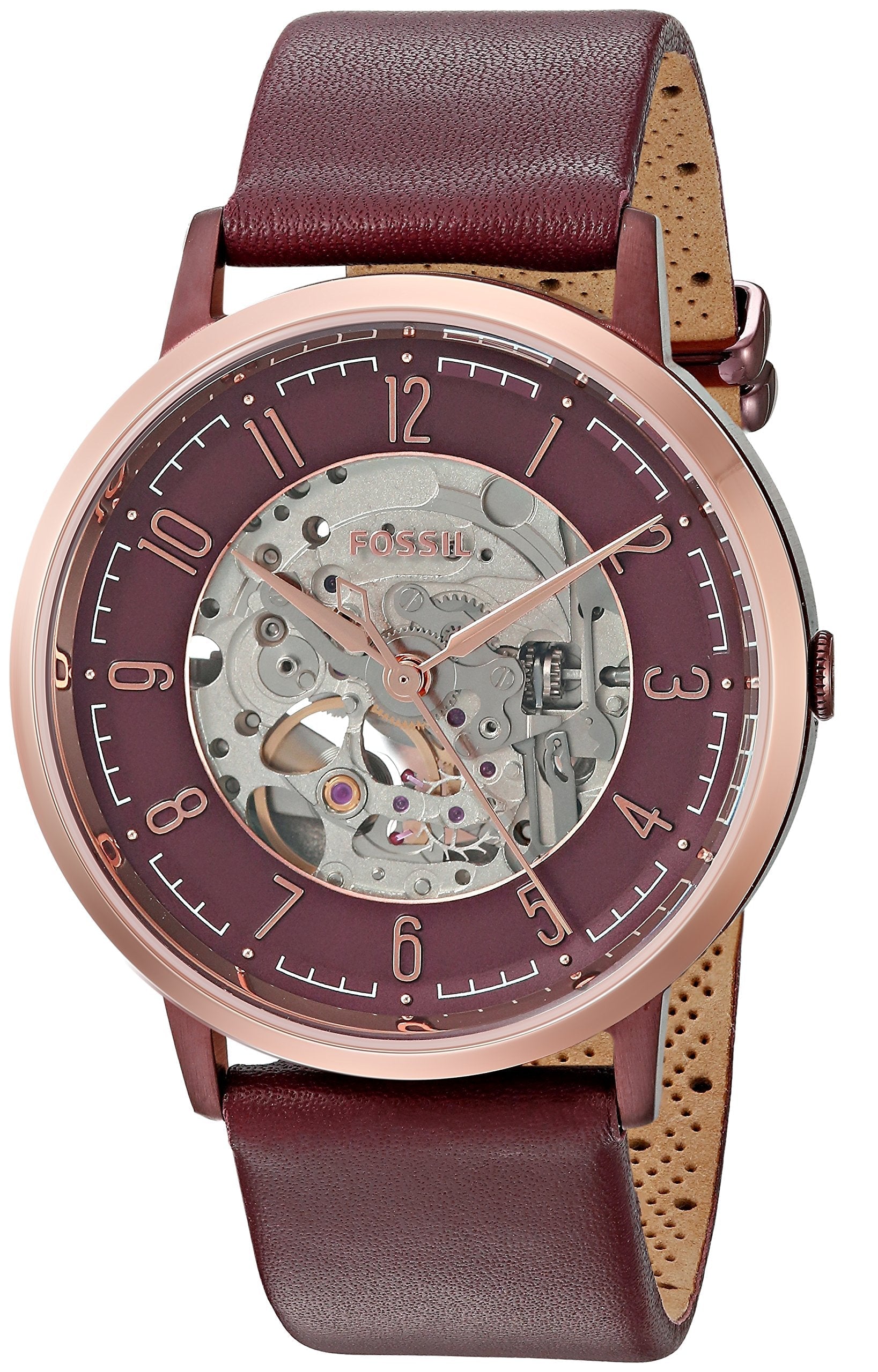Fossil ME3137 Vintage Muse automatic watch at angle with brown leather strap detail