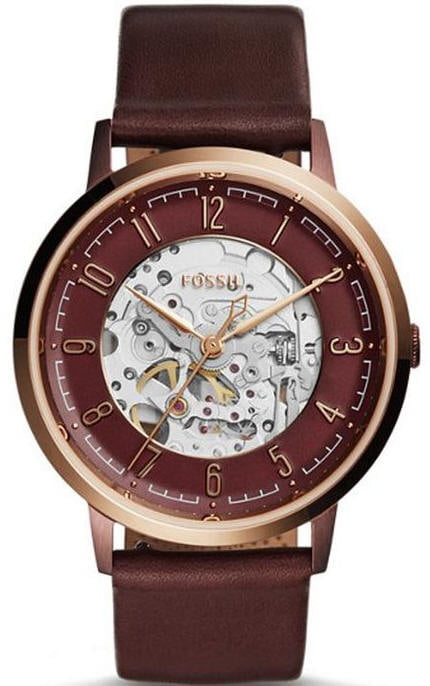 Fossil ME3137 Vintage Muse automatic watch with red skeleton dial and brown leather strap
