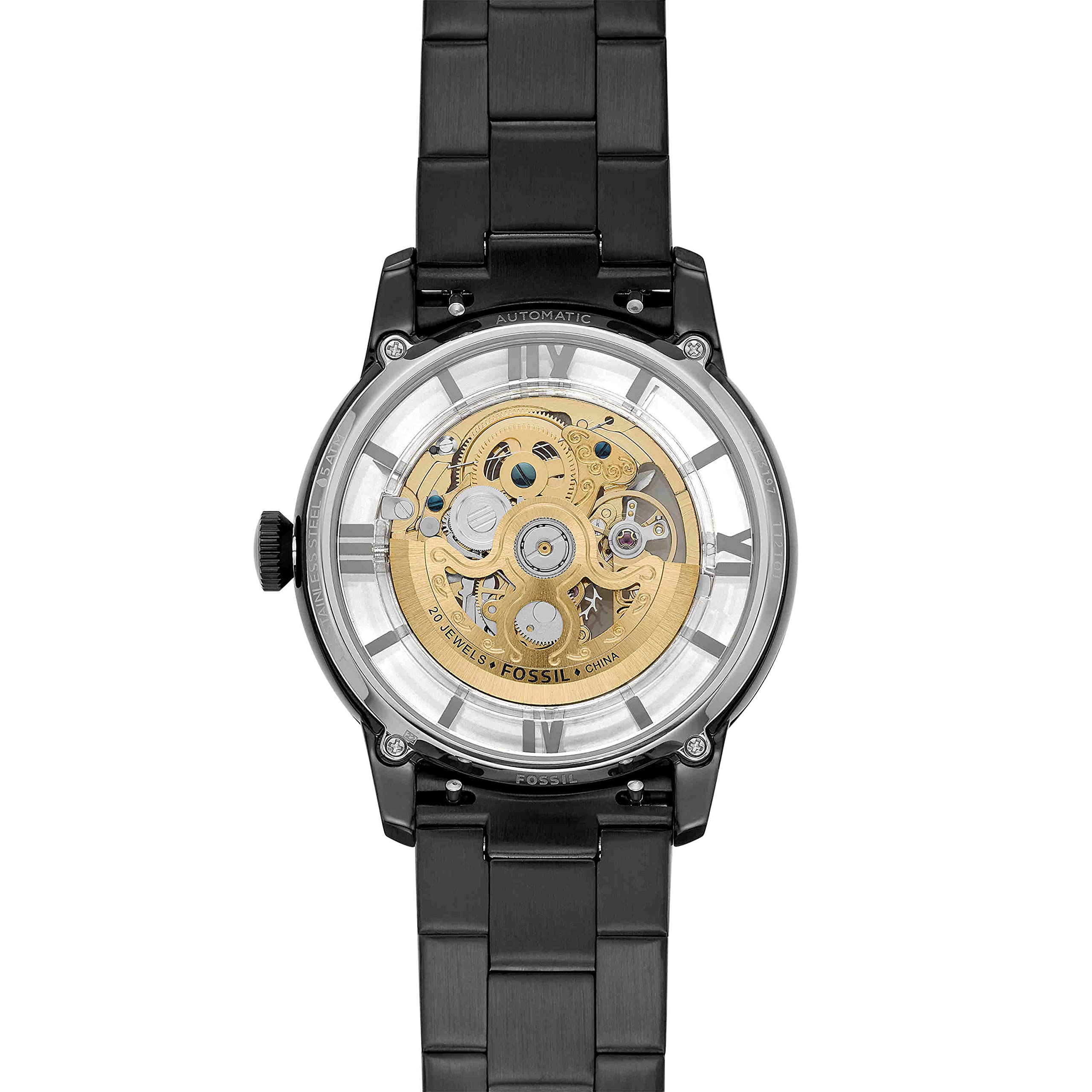 Fossil Townsman ME3197 skeleton automatic watch flat lay with visible golden movement
