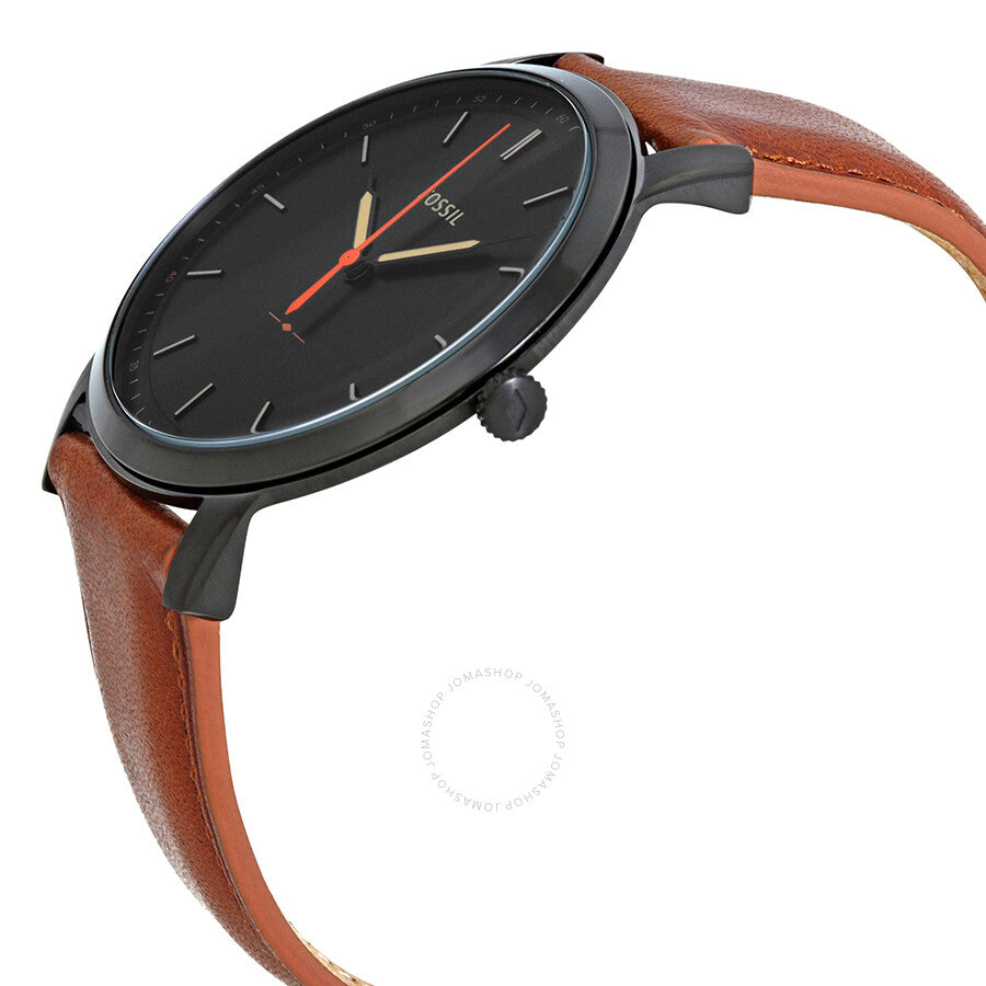 Side angle view of Fossil Minimalist watch showing black case and brown leather strap