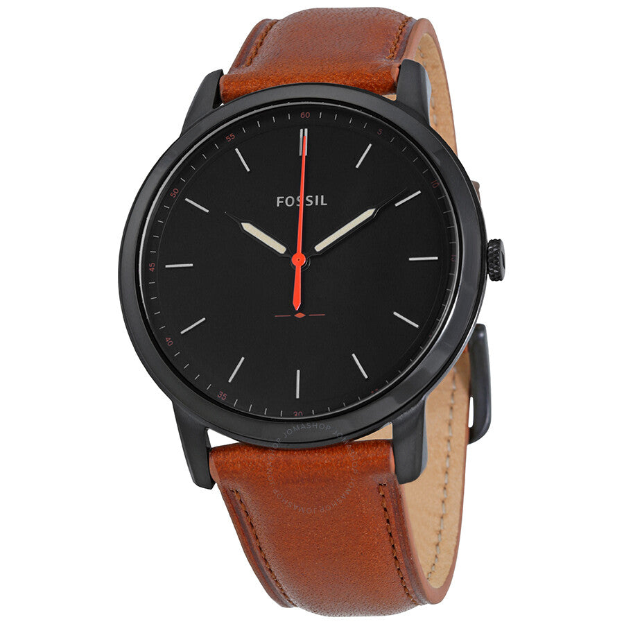 Fossil Minimalist watch with black dial, brown leather strap, and minimal index markers