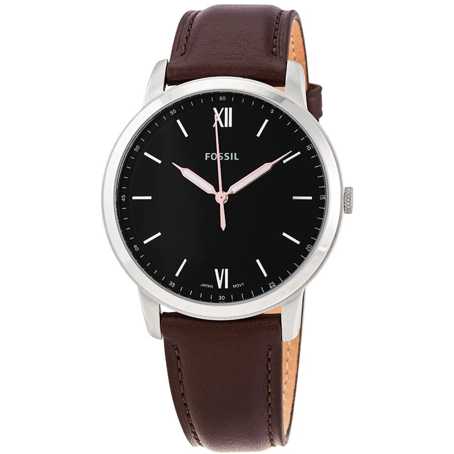 Fossil Minimalist FS5464 with brown leather strap and stainless steel case from angled view