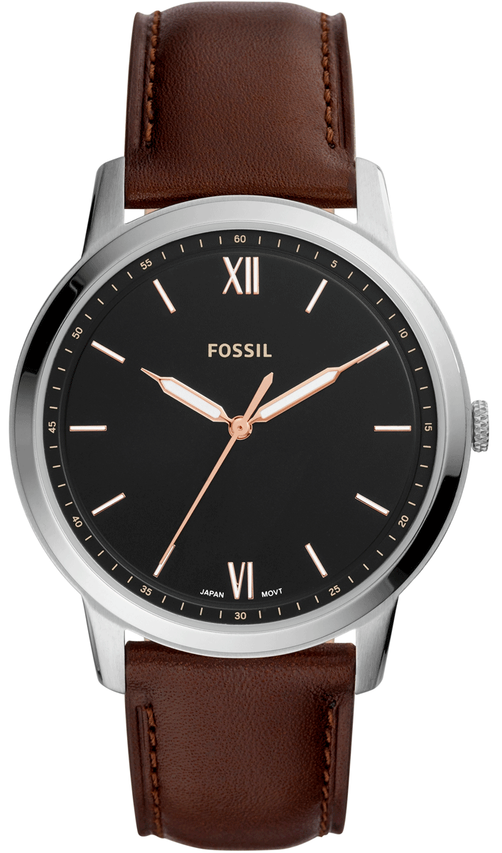 Fossil Minimalist FS5464 watch with black dial, white markers, rose gold hands and brown leather strap