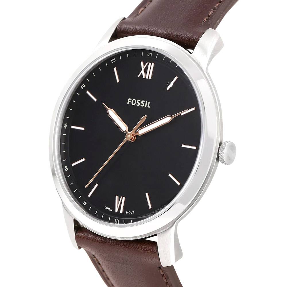 Side view of Fossil Minimalist FS5464 showing profile of watch case and brown strap
