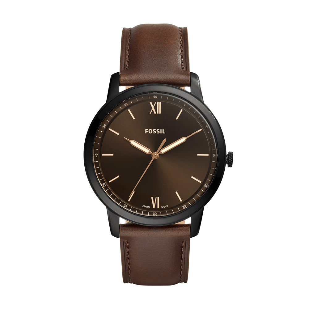 Fossil Minimalist FS5551 watch with black dial, gold hands, Roman numerals, and brown leather strap