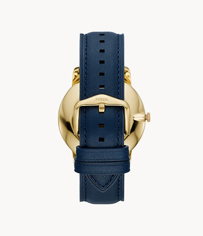 Fossil Minimalist watch caseback and blue leather strap with adjustment holes