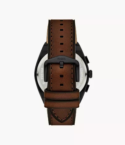 Fossil Minimalist watch caseback showing brown eco leather strap with pin holes and metal case back