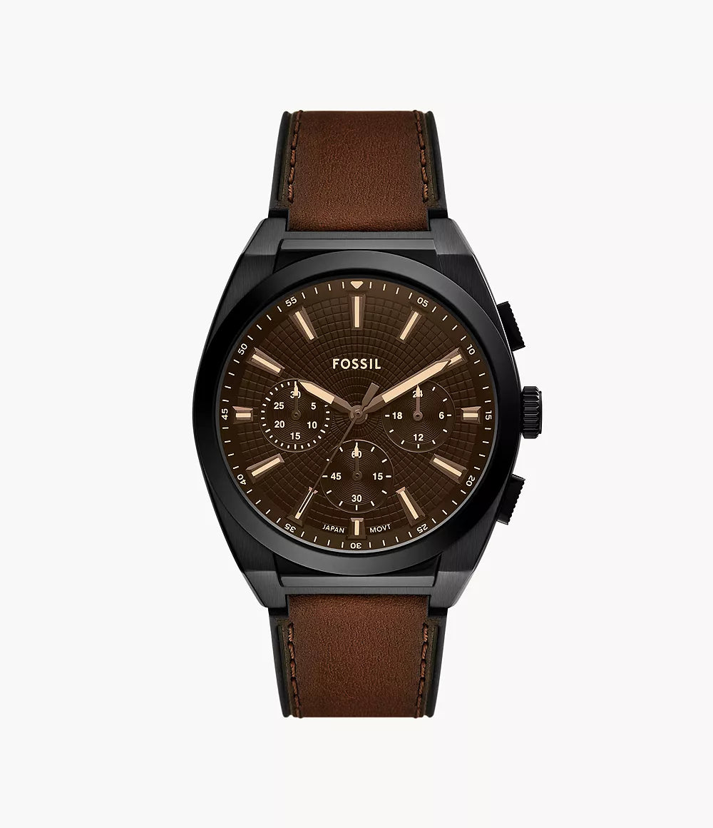 Fossil Minimalist black chronograph watch with brown eco leather strap and three subdials