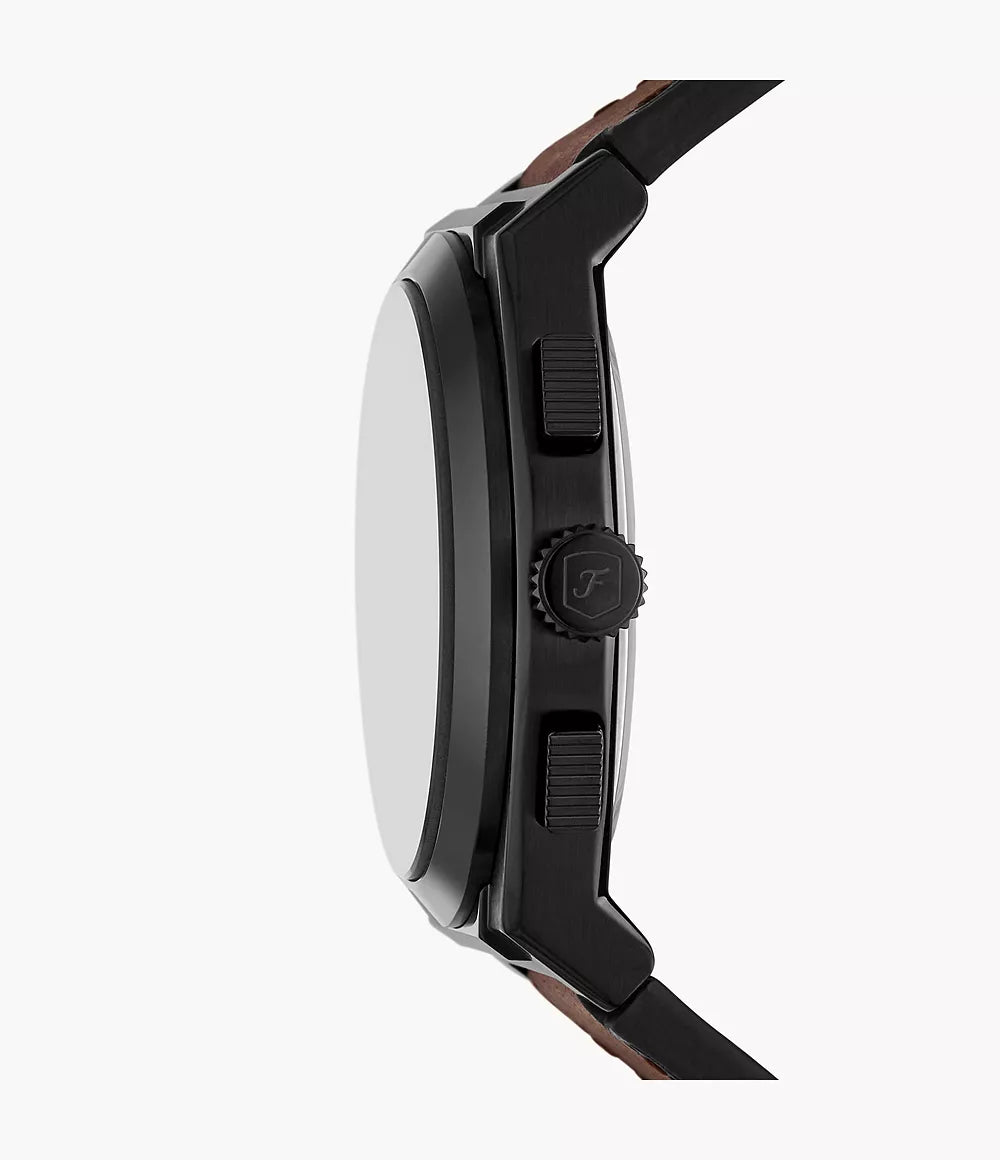 Fossil Minimalist watch side profile showing black case thickness and brown leather strap