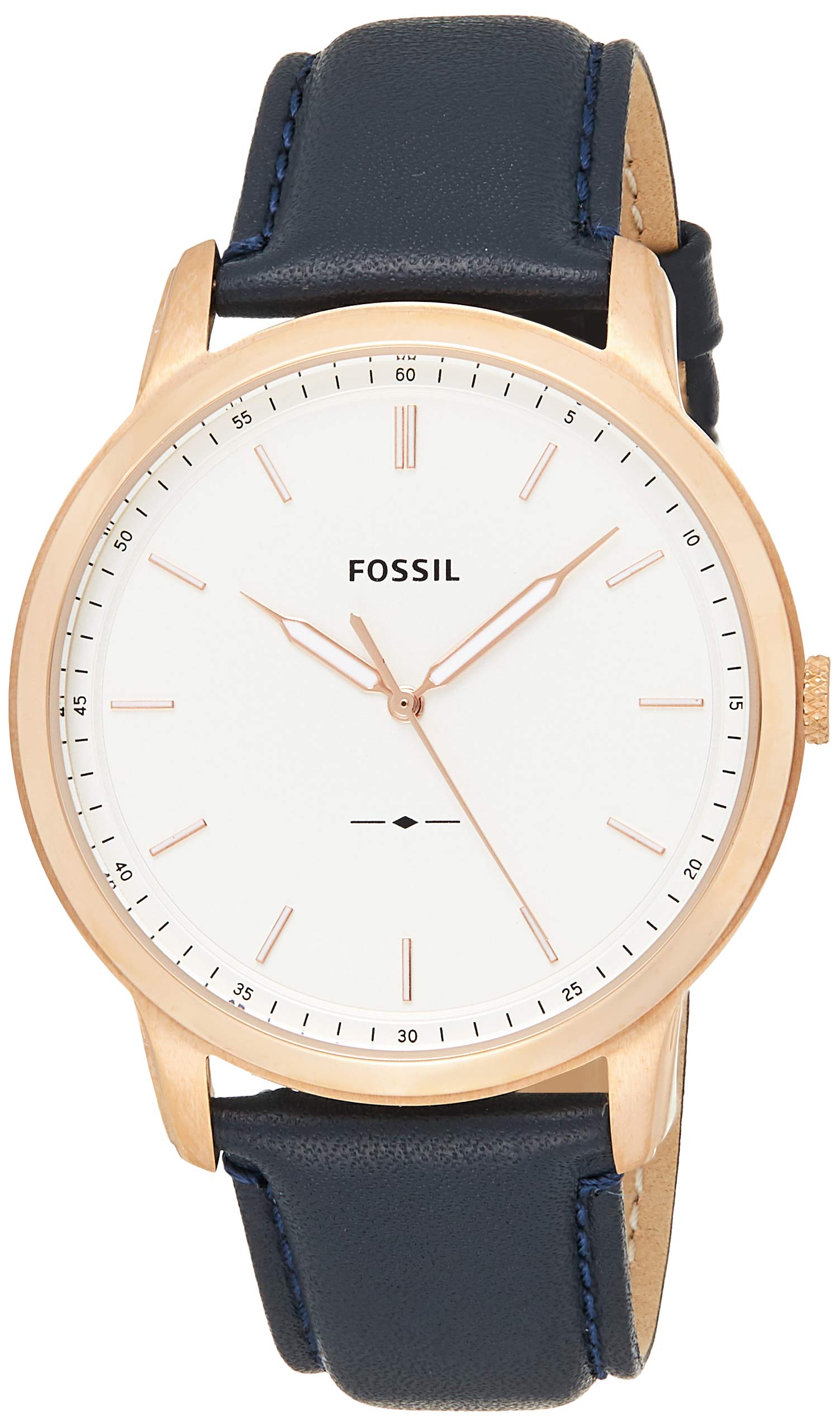Angled view of Fossil Minimalist watch showing rose gold case and blue leather strap