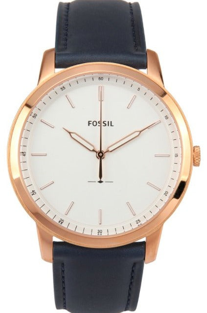 Fossil Minimalist Slim men's watch with white dial, rose gold case, and blue leather strap