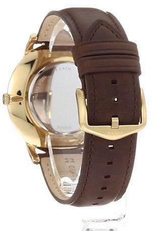 Fossil Minimalist Three-Hand Watch FS5397 caseback showing transparent case back with brown leather strap