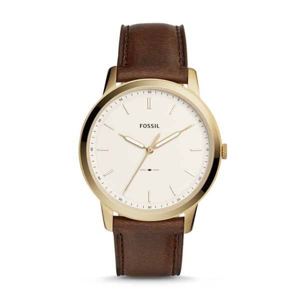 Fossil Minimalist Three-Hand Men's Watch FS5397 with cream dial, gold-tone case, and brown leather strap