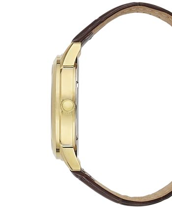 Side view of Fossil Minimalist Three-Hand Watch FS5397 showing gold-tone case and brown leather strap