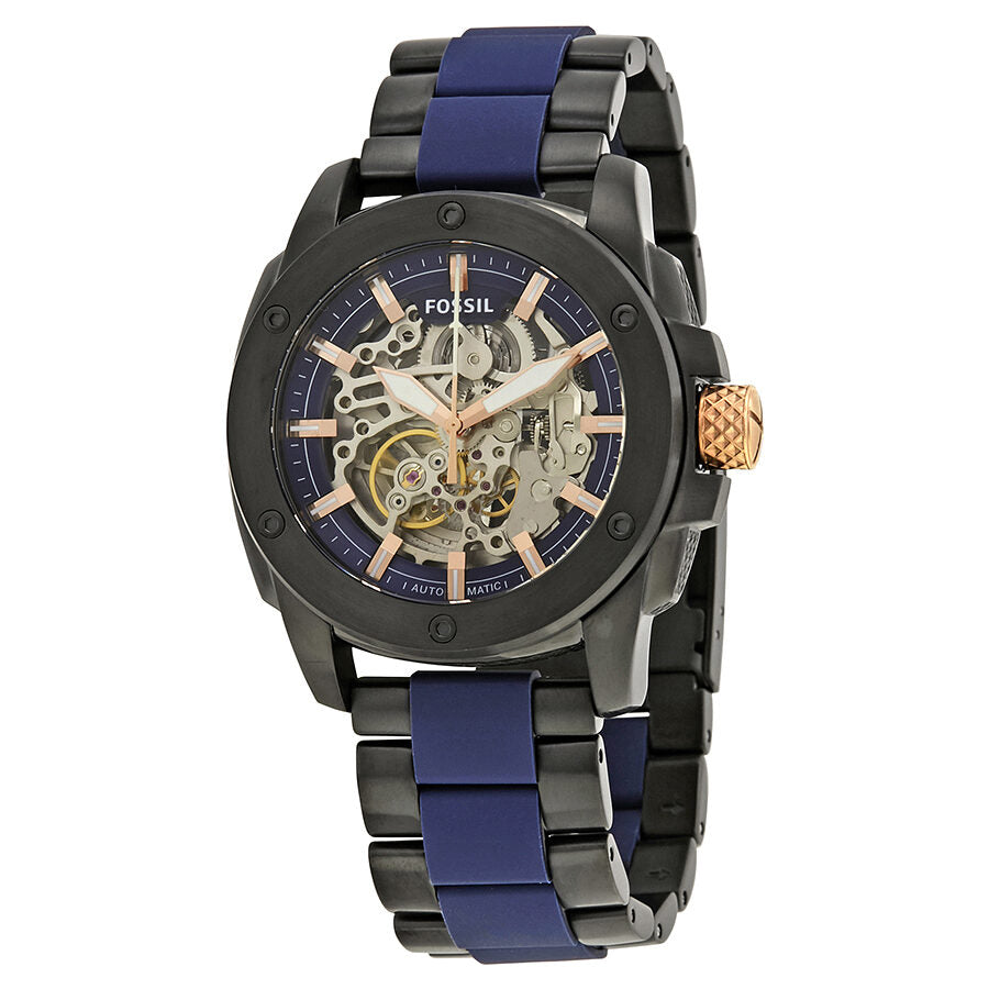 Fossil Modern Machine ME3133 automatic skeleton dial watch with blue and gunmetal bracelet