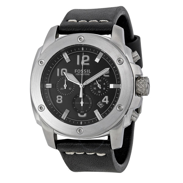 Fossil Modern Machine chronograph watch worn on wrist showing black dial and leather strap