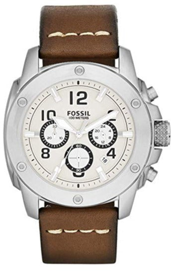 Fossil Modern Machine chronograph watch with silver case, white dial, and brown leather strap