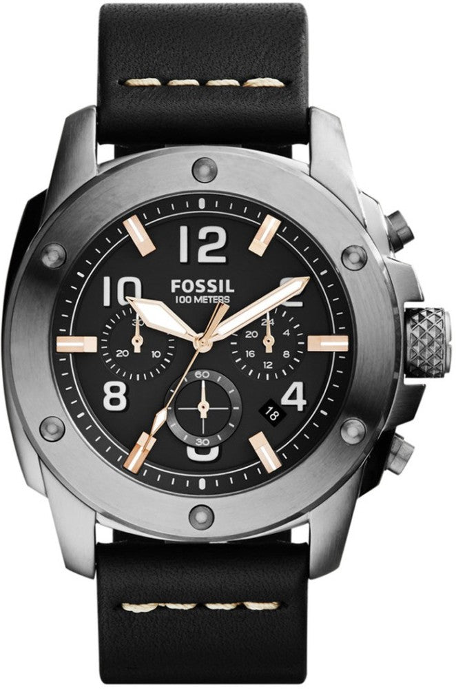 Fossil Modern Machine chronograph watch black dial silver case black leather strap