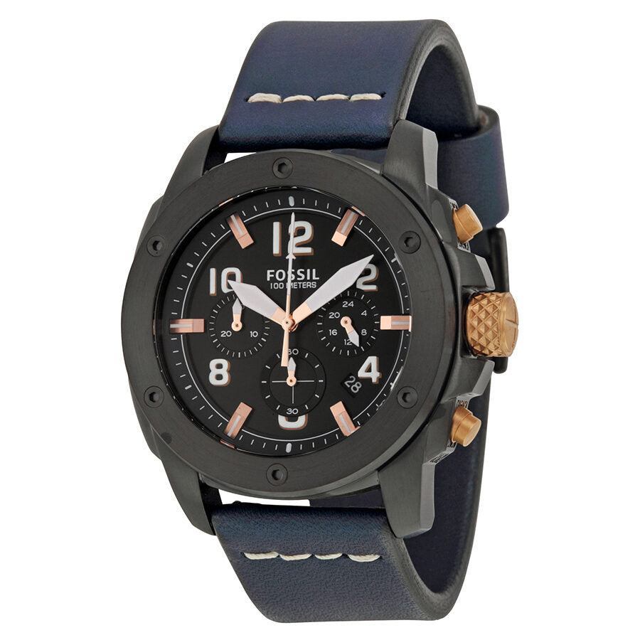 Angled view of Fossil Modern Machine chronograph with blue leather band and black case