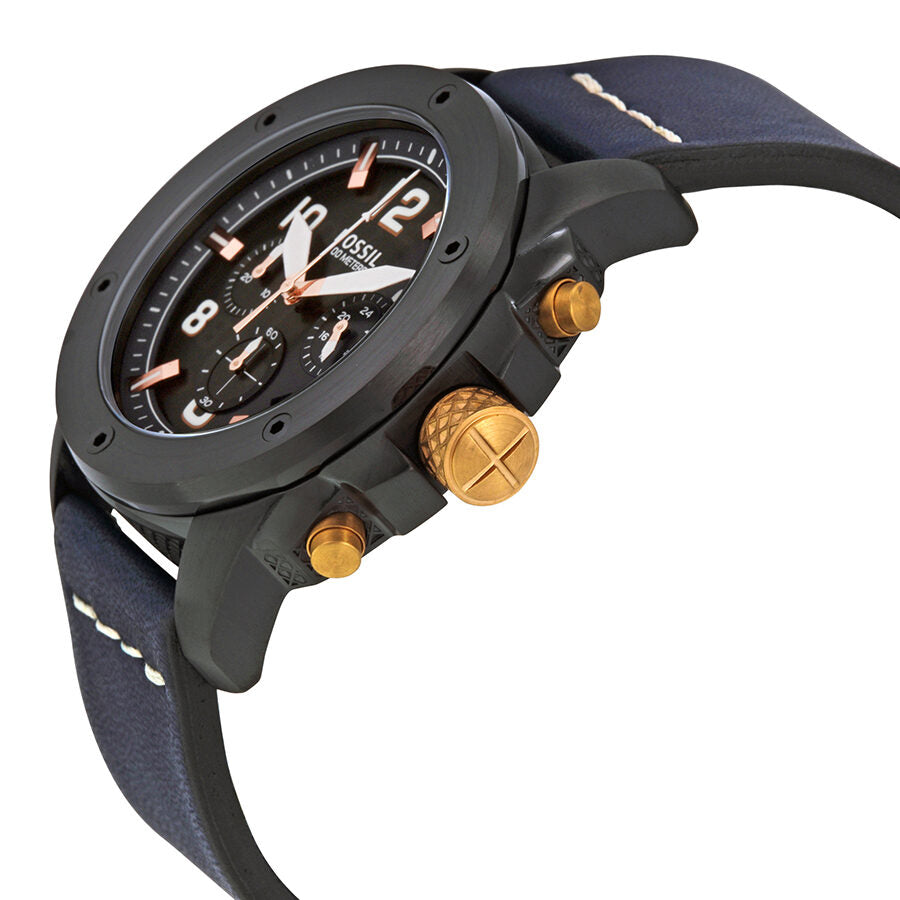 Side view showing chronograph pushers and blue leather strap on Fossil Modern Machine watch