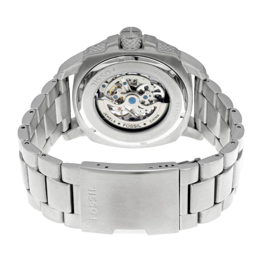 Fossil Modern Machine caseback showing automatic movement mechanism and Fossil branding
