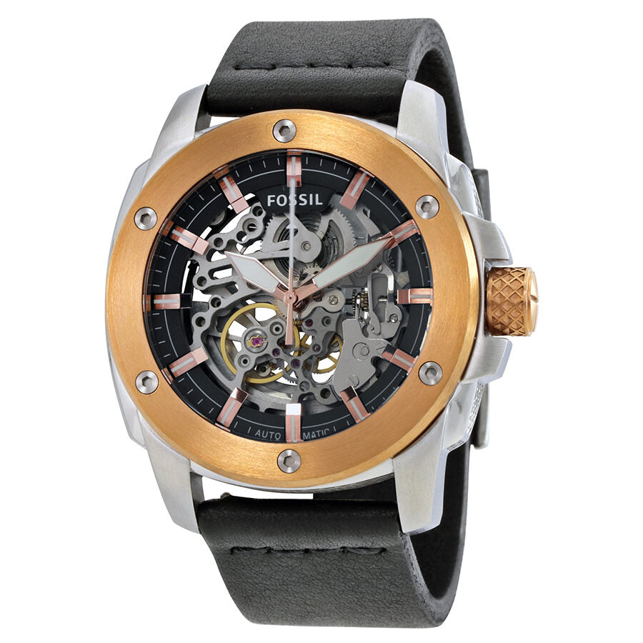 Fossil Modern Machine ME3082 automatic skeleton dial men's watch with bronze bezel and black leather strap