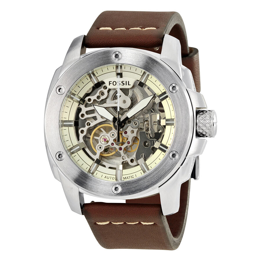 Fossil Modern Machine automatic skeleton dial watch with silver case and brown leather strap