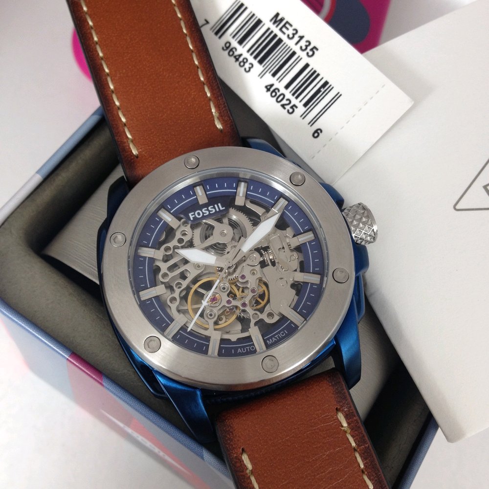 Fossil ME3135 watch in retail packaging with barcode label visible