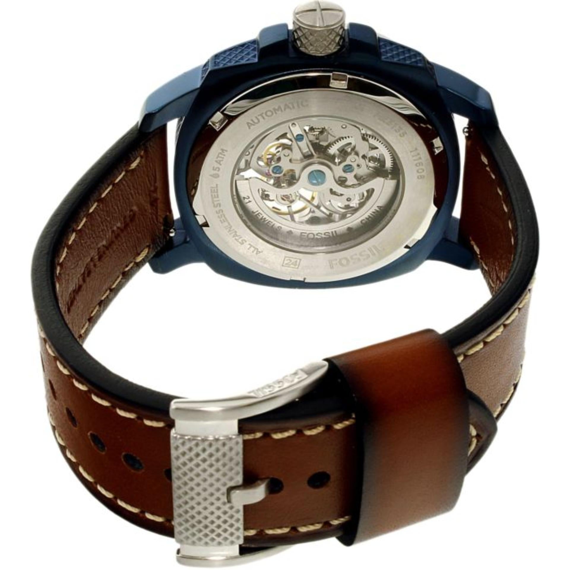 Fossil Modern Machine ME3135 caseback showing transparent exhibition window with mechanical movement