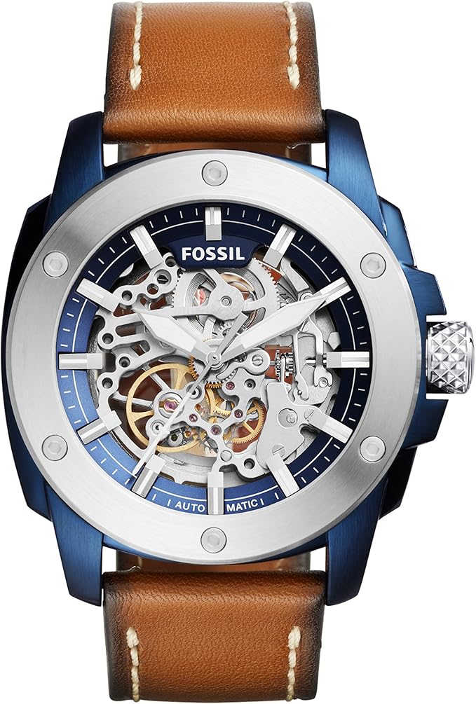 Fossil Modern Machine Sport automatic skeleton dial watch with blue case and brown leather strap