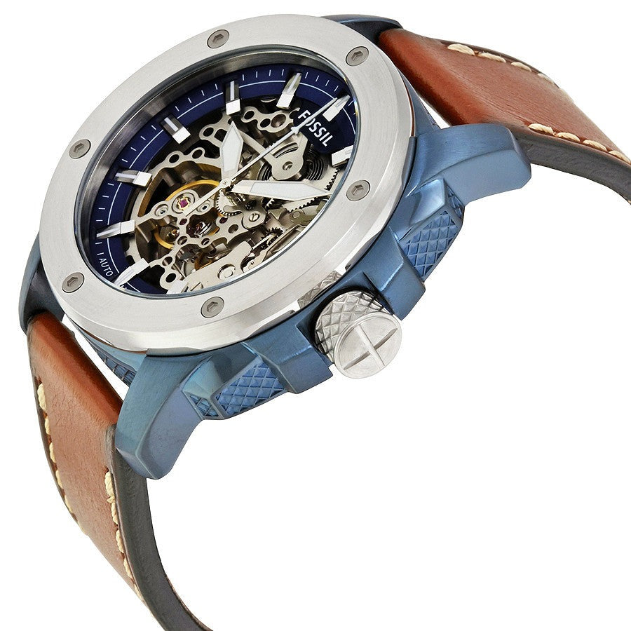 Fossil Modern Machine ME3135 side view with blue case, brown strap, and visible crown