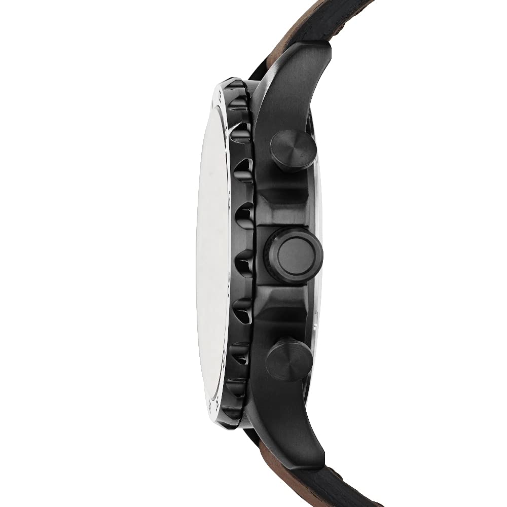 Side profile of Fossil Nate chronograph with black case and chronograph pushers visible