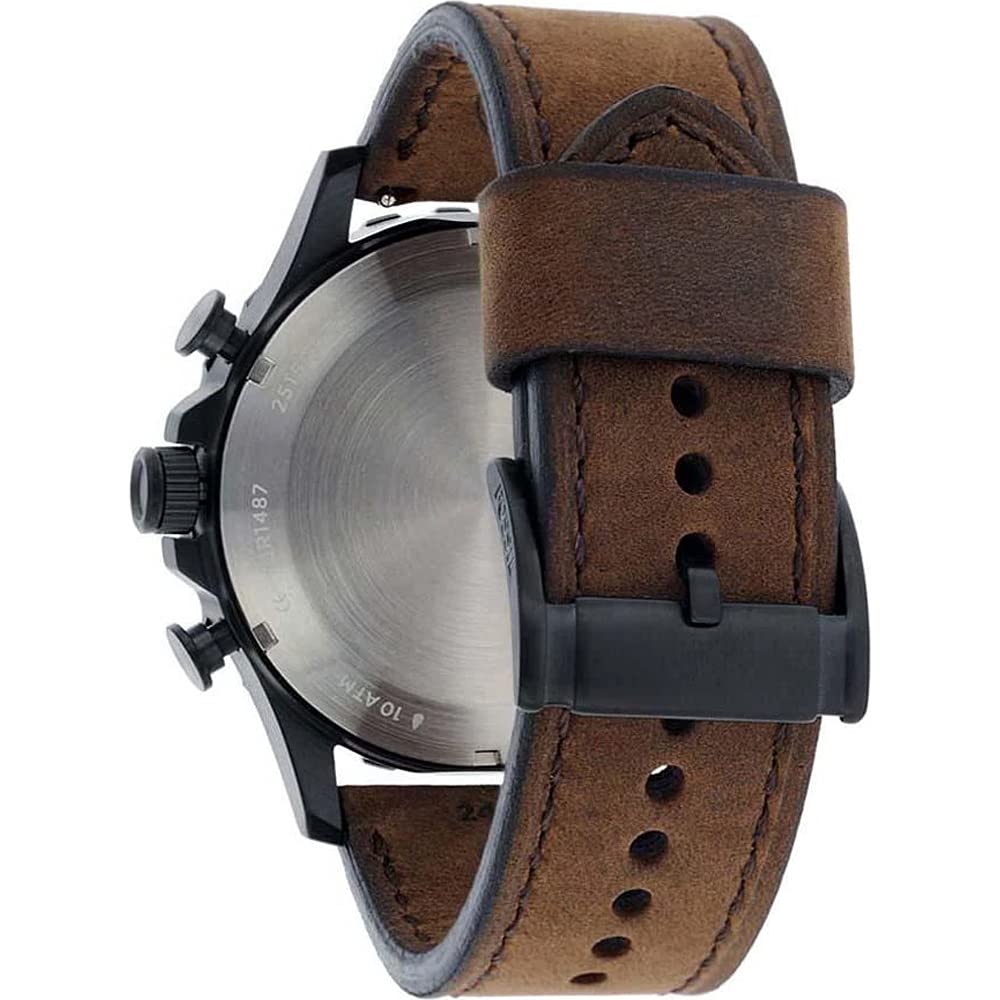 Caseback view showing brushed metal case with brown leather strap and black buckle