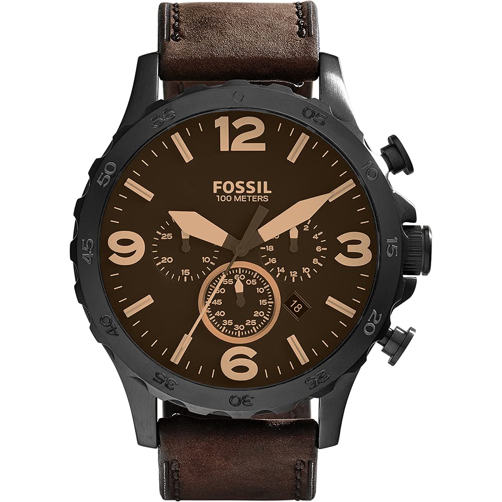 Fossil Nate chronograph watch with brown dial, gold numerals, black case, and brown leather strap