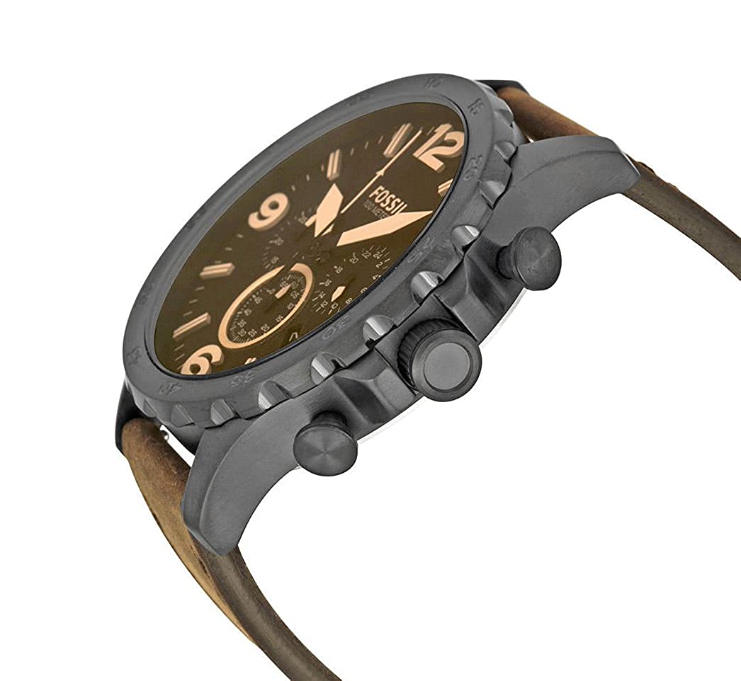 Three-quarter angle view of Fossil Nate chronograph with brown leather strap and gold dial details