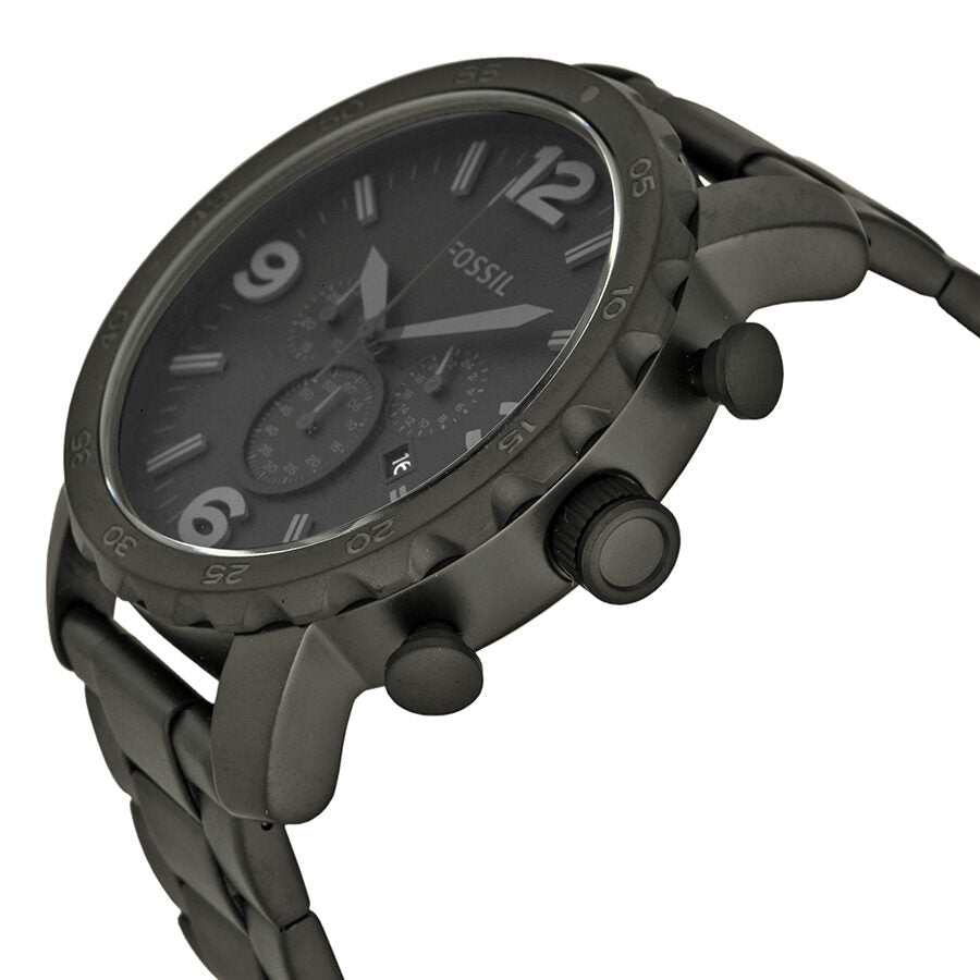Fossil Nate Chronograph black dial men's watch angled side view showing chronograph pushers