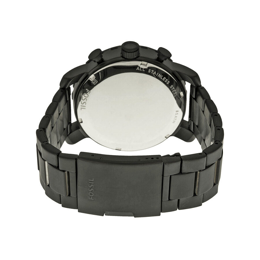 Fossil Nate Chronograph stainless steel caseback showing brushed finish and engraved branding
