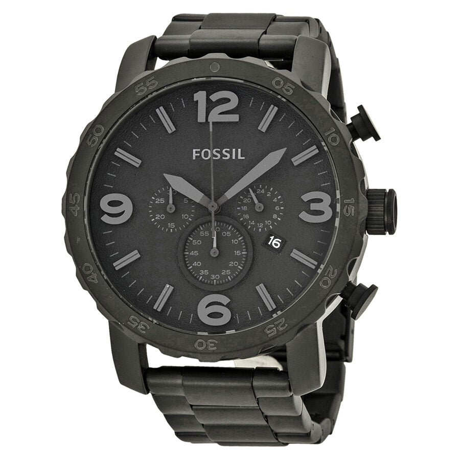 Fossil Nate Chronograph black dial black ion-plated stainless steel men's watch front view