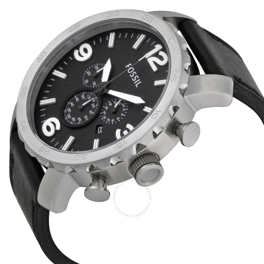 Fossil Nate chronograph watch side view showing silver case, black dial, and black leather strap