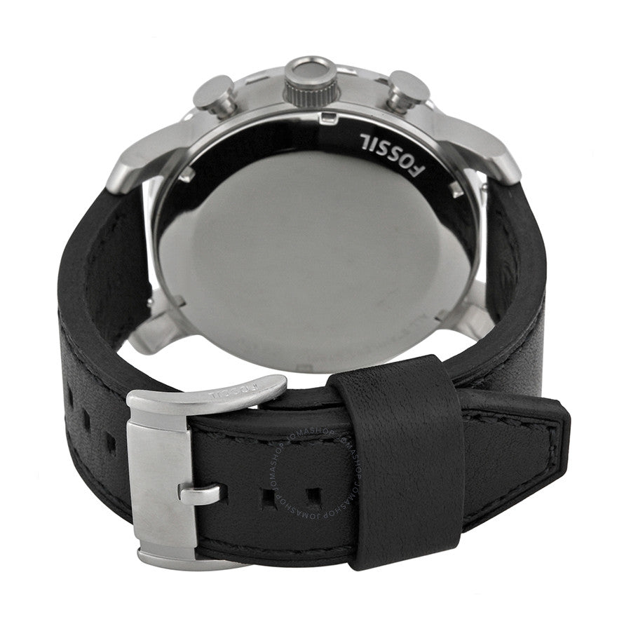 Fossil Nate chronograph watch case back with black leather strap and silver-tone buckle