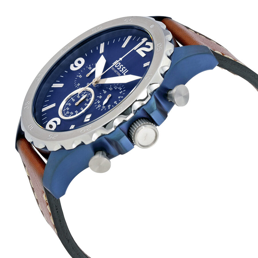 Fossil Nate chronograph watch angled view showing blue case, chronograph pushers, and mixed leather strap