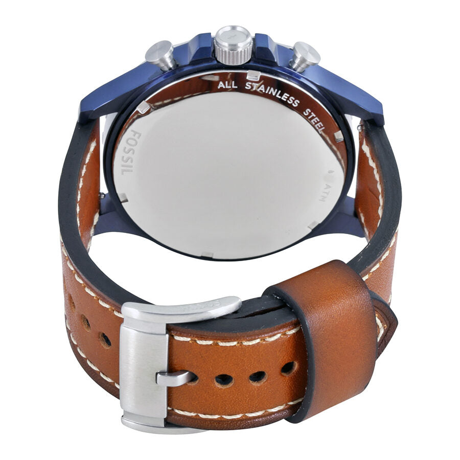 Fossil Nate watch caseback showing stainless steel construction and brown leather strap with stitching